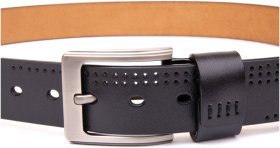 Мужской брючный кожаный ремень черного цвета с перфорацией Vintage 2420383