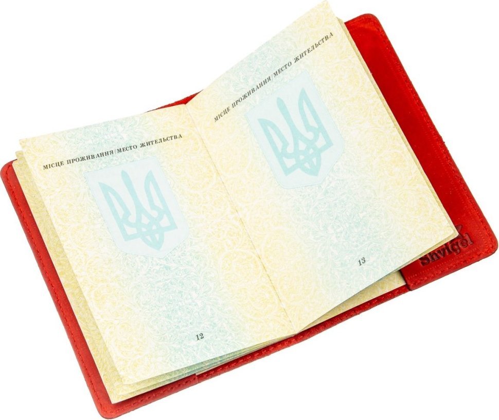 Червона жіноча обкладинка на паспорт із натуральної шкіри з гербом Shvigel (2413958)