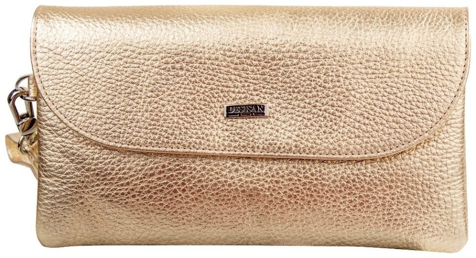 Женский кошелек-клатч из фактурной золотистой кожи с кистевым ремешком Desisan 106817 на кнопке modnotak фото №1