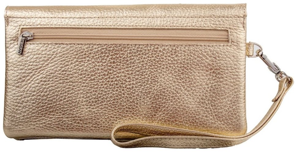 Женский кошелек-клатч из фактурной золотистой кожи с кистевым ремешком Desisan 106817 на кнопке modnotak фото №2