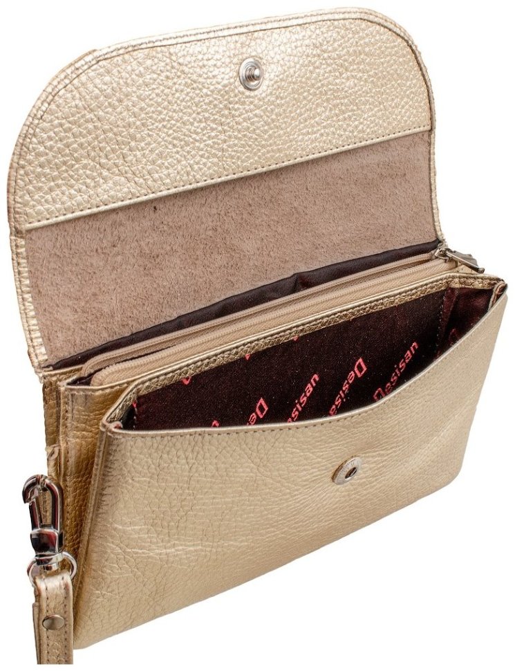 Женский кошелек-клатч из фактурной золотистой кожи с кистевым ремешком Desisan 106817 на кнопке modnotak фото №3