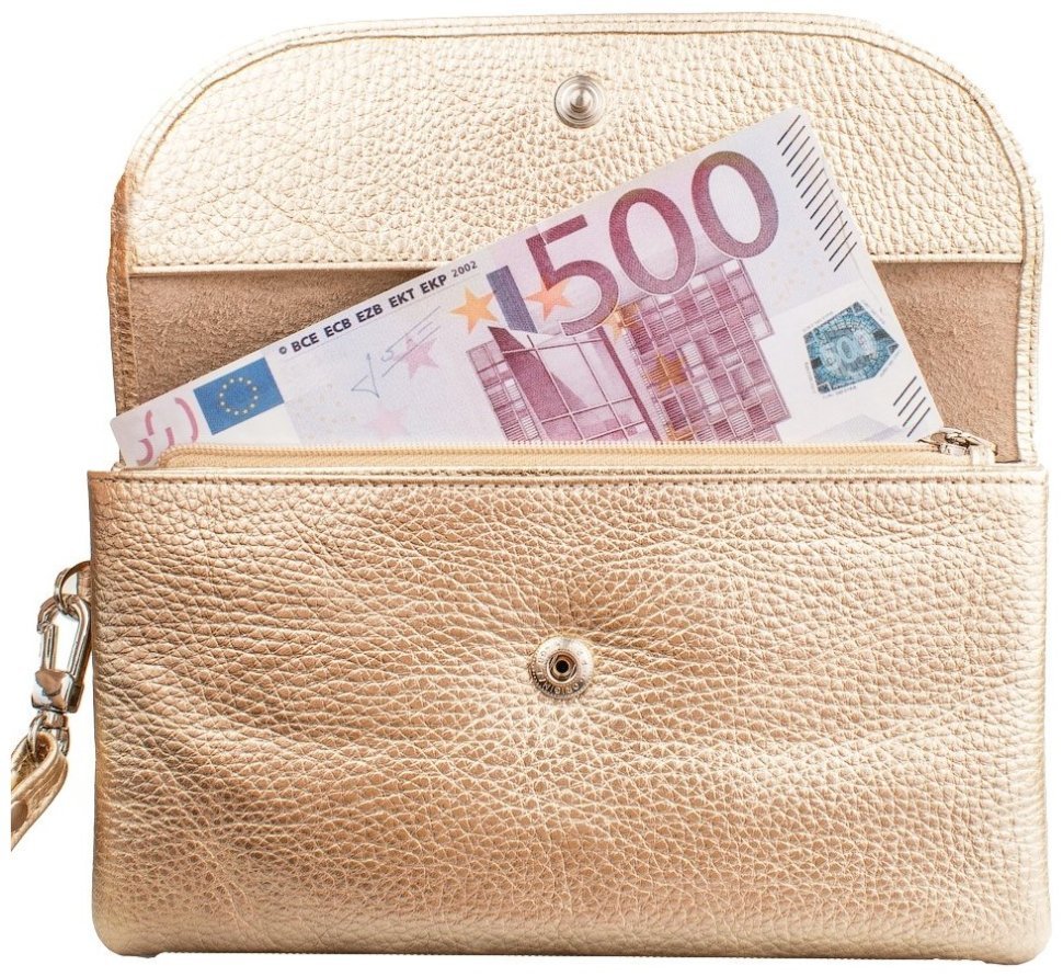 Женский кошелек-клатч из фактурной золотистой кожи с кистевым ремешком Desisan 106817 на кнопке modnotak фото №4