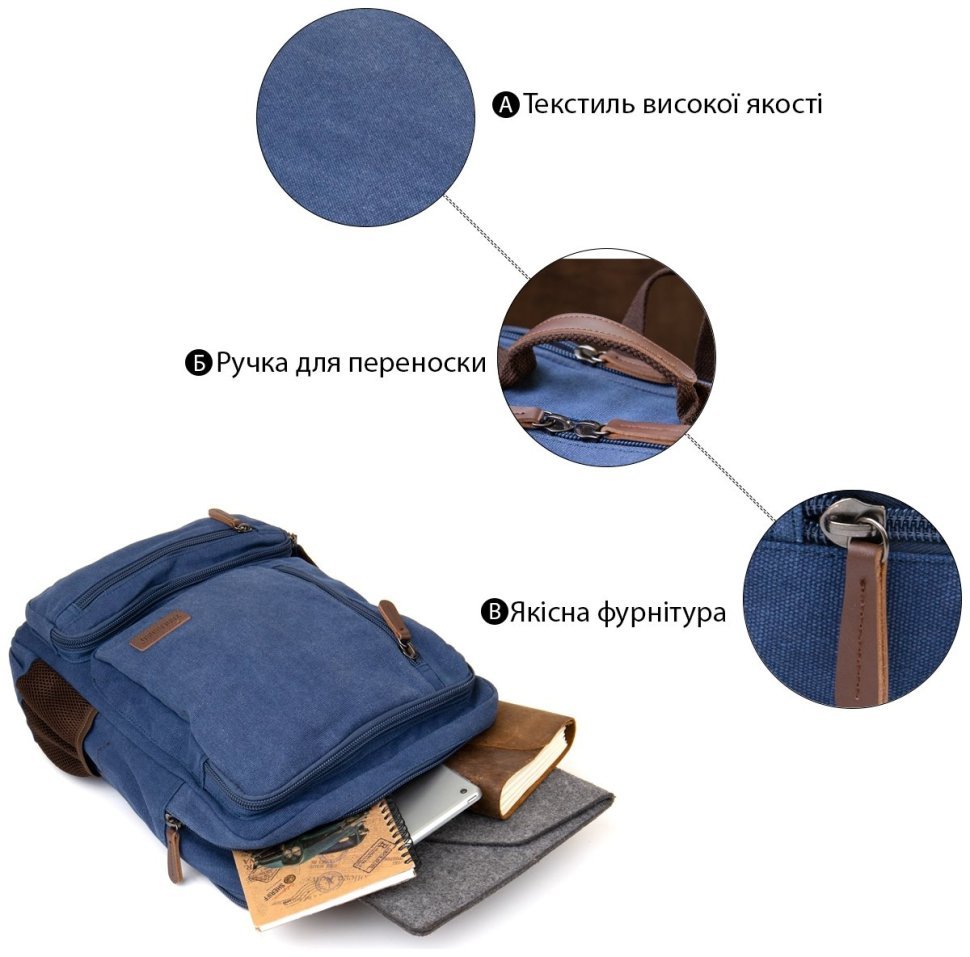 Просторий рюкзак на два відділення з текстилю в синьому кольорі Vintage (20613)