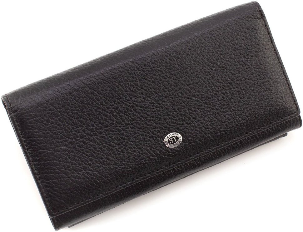 Великий жіночий гаманець із натуральної шкіри чорного кольору із клапаном на магніті ST Leather 1767417