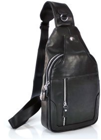 Мужская просторная сумка-слинг из гладкой кожи черного цвета Tiding Bag 77517