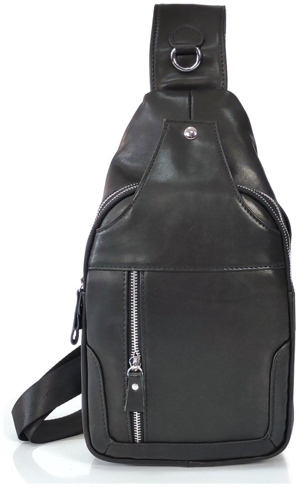 Чоловіча простора сумка-слінг з гладкої шкіри чорного кольору Tiding Bag 77517