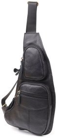 Городская большая мужская сумка-слинг из фактурной кожи черного цвета Vintage 98117