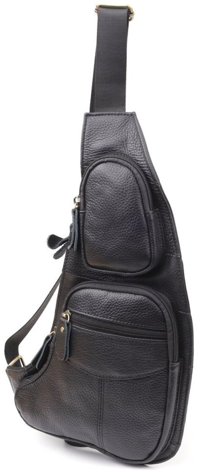 Городская большая мужская сумка-слинг из фактурной кожи черного цвета Vintage 98117 modnotak фото №1