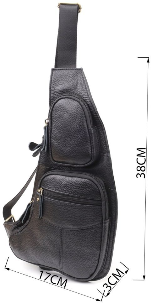 Городская большая мужская сумка-слинг из фактурной кожи черного цвета Vintage 98117 modnotak фото №3