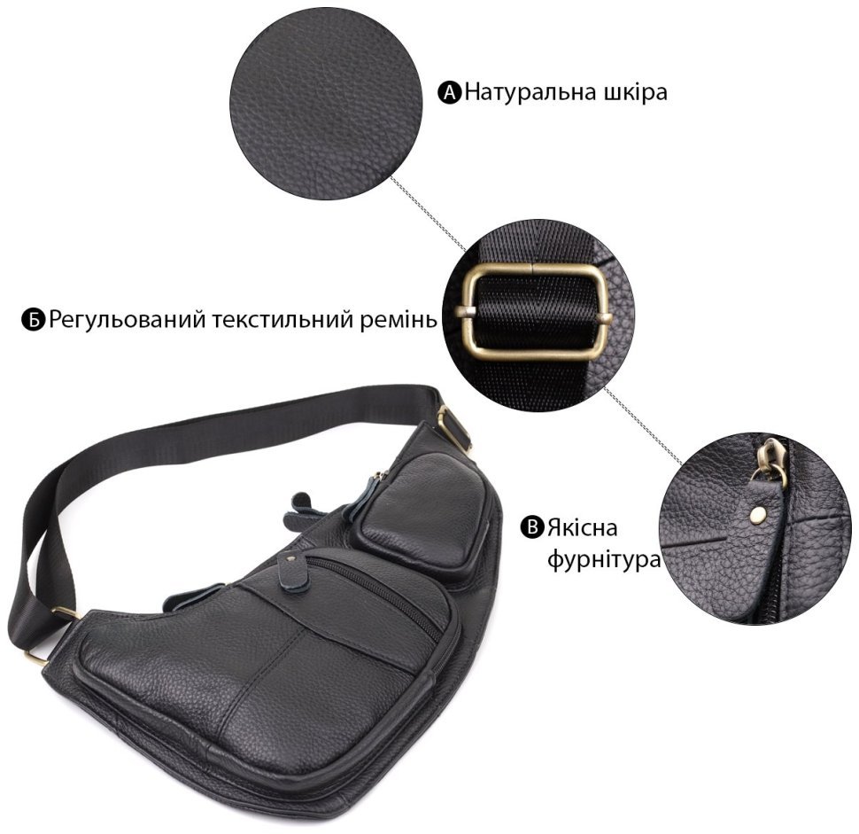Городская большая мужская сумка-слинг из фактурной кожи черного цвета Vintage 98117 modnotak фото №4