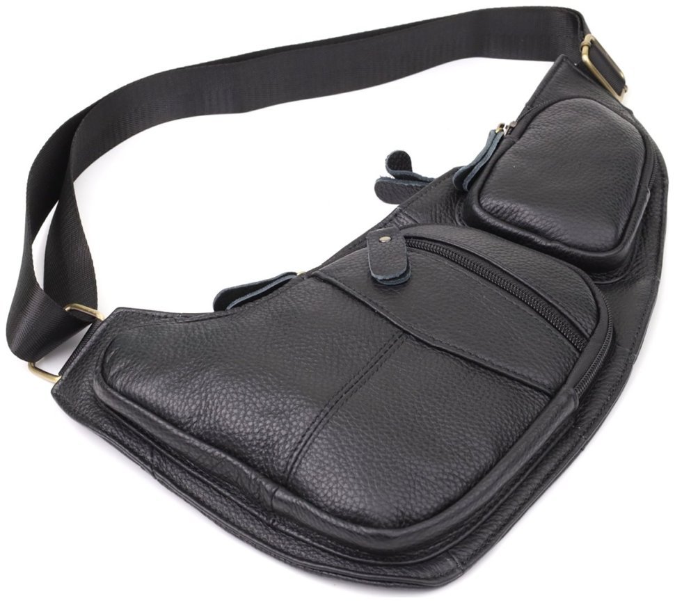 Городская большая мужская сумка-слинг из фактурной кожи черного цвета Vintage 98117 modnotak фото №6