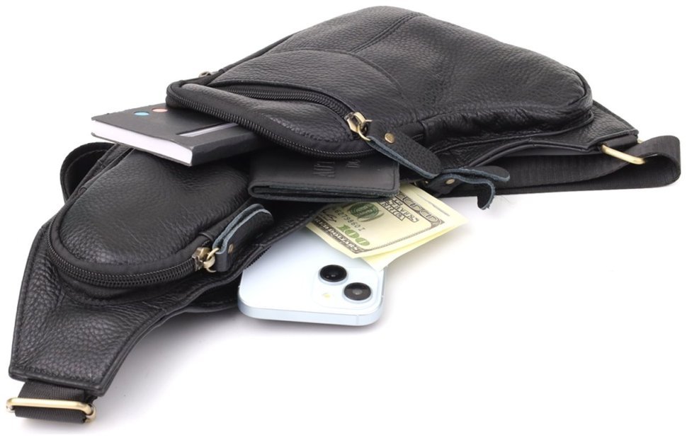 Городская большая мужская сумка-слинг из фактурной кожи черного цвета Vintage 98117 modnotak фото №7