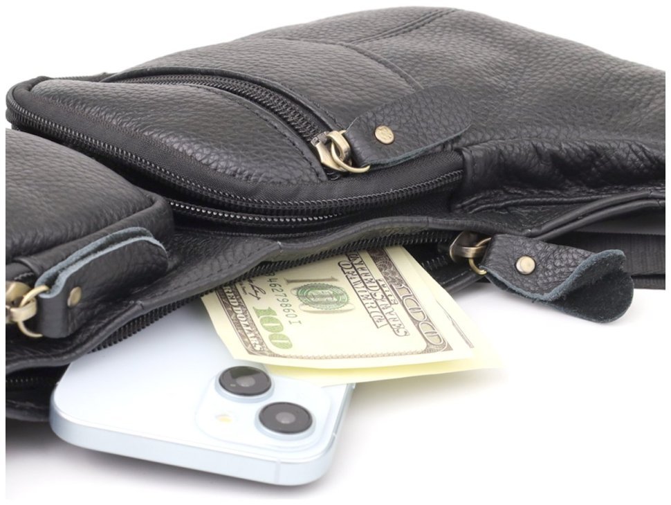 Городская большая мужская сумка-слинг из фактурной кожи черного цвета Vintage 98117 modnotak фото №8