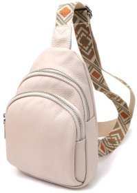 Жіноча сумка-слінг із натуральної фактурної шкіри з текстильним ремінцем Vintage 98217 білого кольору