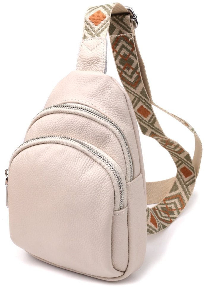 Жіноча сумка-слінг із натуральної фактурної шкіри з текстильним ремінцем Vintage 98217 білого кольору modnotak фото №1