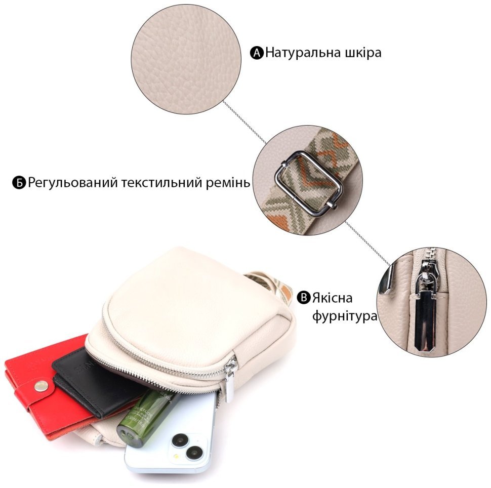 Жіноча сумка-слінг із натуральної фактурної шкіри з текстильним ремінцем Vintage 98217 білого кольору modnotak фото №4