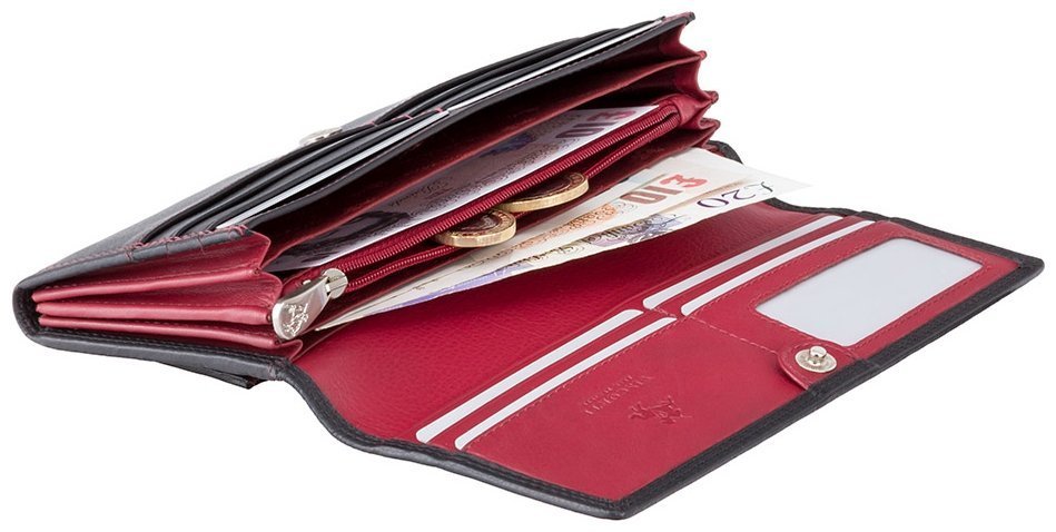 Великий жіночий шкіряний гаманець чорного кольору з червоним рядком Visconti 68817