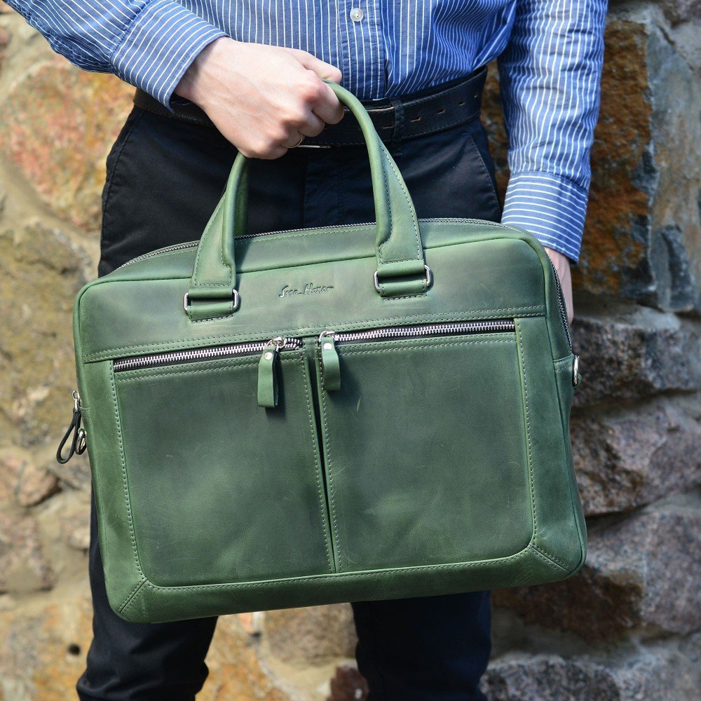 Чоловіча вінтажна сумка з відсіком під ноутбук зеленого кольору Issa Hara (27049)