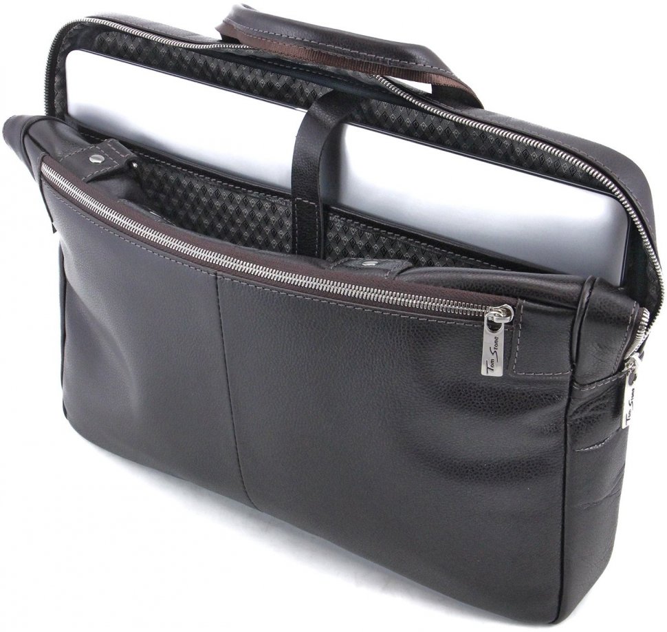 Шкіряна чоловіча сумка під ноутбук темно-коричневого кольору Tom Stone (10957)