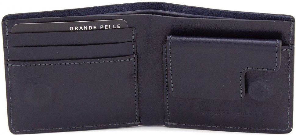 Темно-синій чоловічий гаманець з натуральної шкіри високої якості на магніті Grande Pelle (15427)