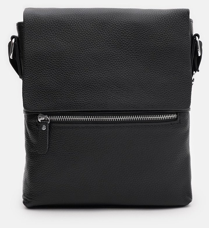 Солідна чоловіча сумка-планшет із фактурної шкіри чорного кольору з клапаном Keizer 71518