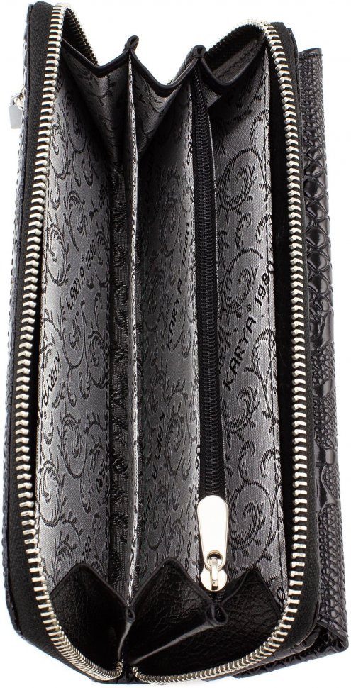 Черный кожаный кошелек из лаковой кожи под змею KARYA (1140-013)