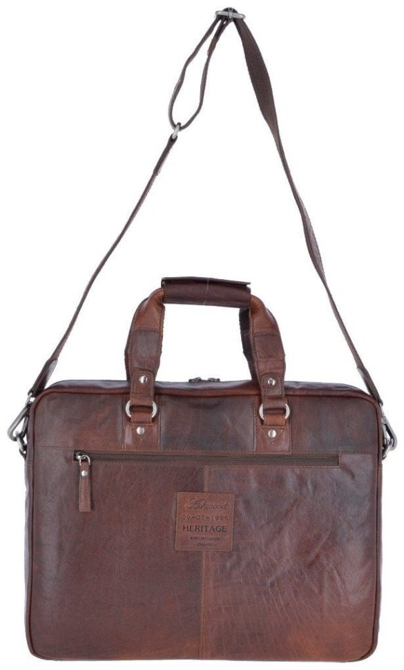 Кожаная мужская сумка для ноутбука до 15" через плечо Ashwood F83 коричневого цвета 94418 modnotak фото №3