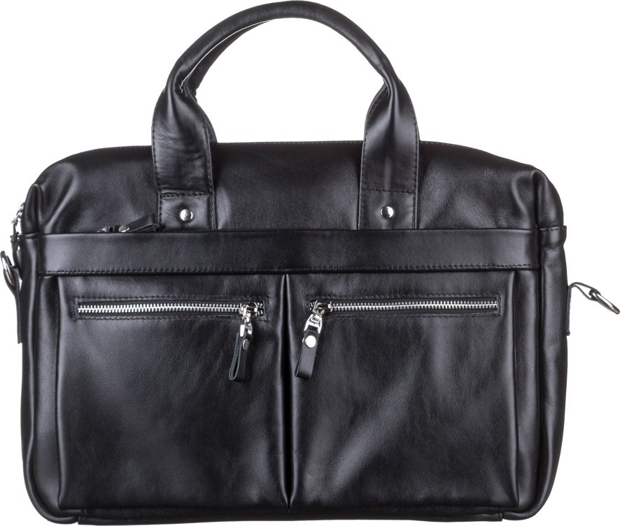 Чорна сумка для ноутбука з гладкої шкіри із сріблястою фурнітурою SHVIGEL (11041)