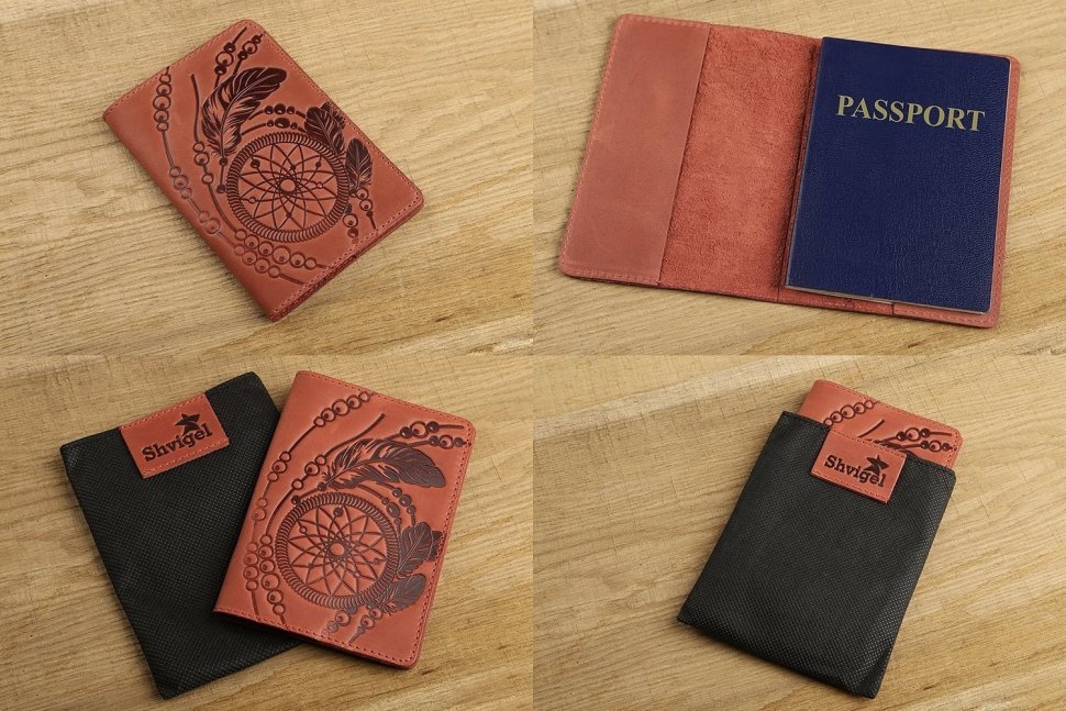 Красная женская обложка для паспорта из винтажной кожи с рисунком SHVIGEL (2413792)