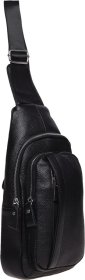 Чоловічий чорний слінг-рюкзак великого розміру із фактурної шкіри Keizer (21423)