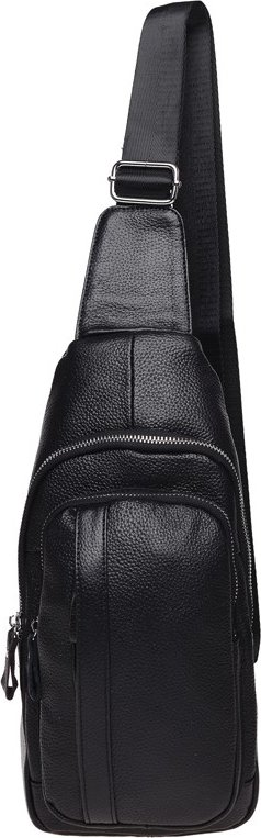 Чоловічий чорний слінг-рюкзак великого розміру із фактурної шкіри Keizer (21423)