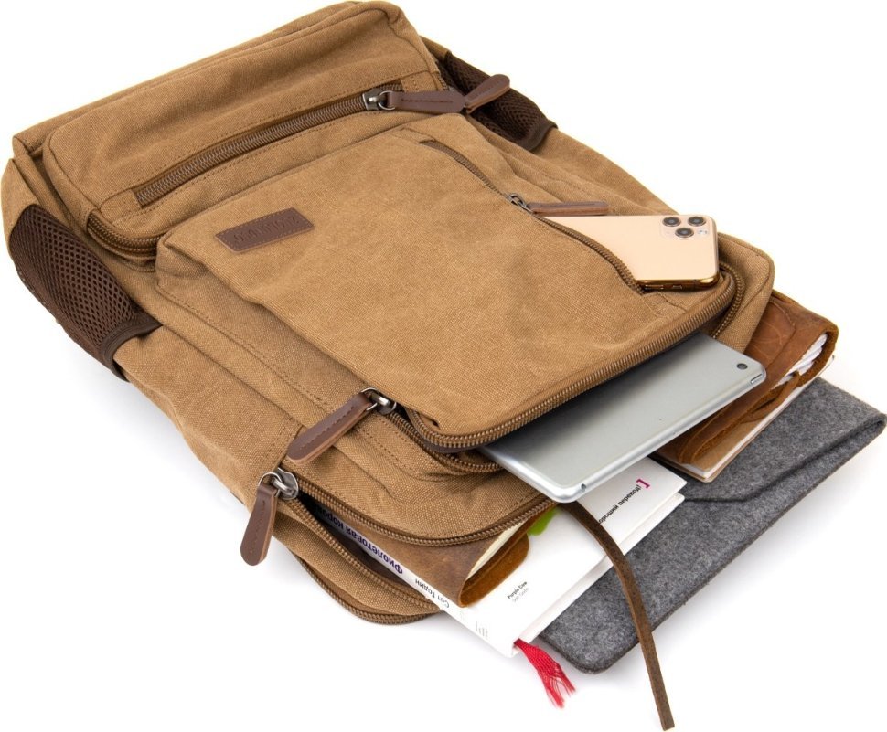 Текстильний дорожній рюкзак пісочного кольору на два відділення Vintage (20614)