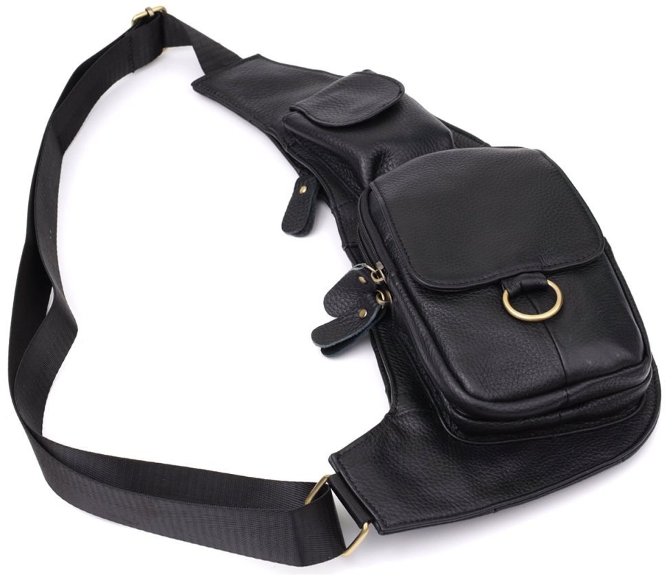 Мужская сумка-слинг из натуральной кожи с вместительными карманами Vintage 98118 черного цвета фото №6 Мужская сумка-слинг из натуральной кожи с вместительными карманами Vintage 98118 черного цвета modnotak фото №6