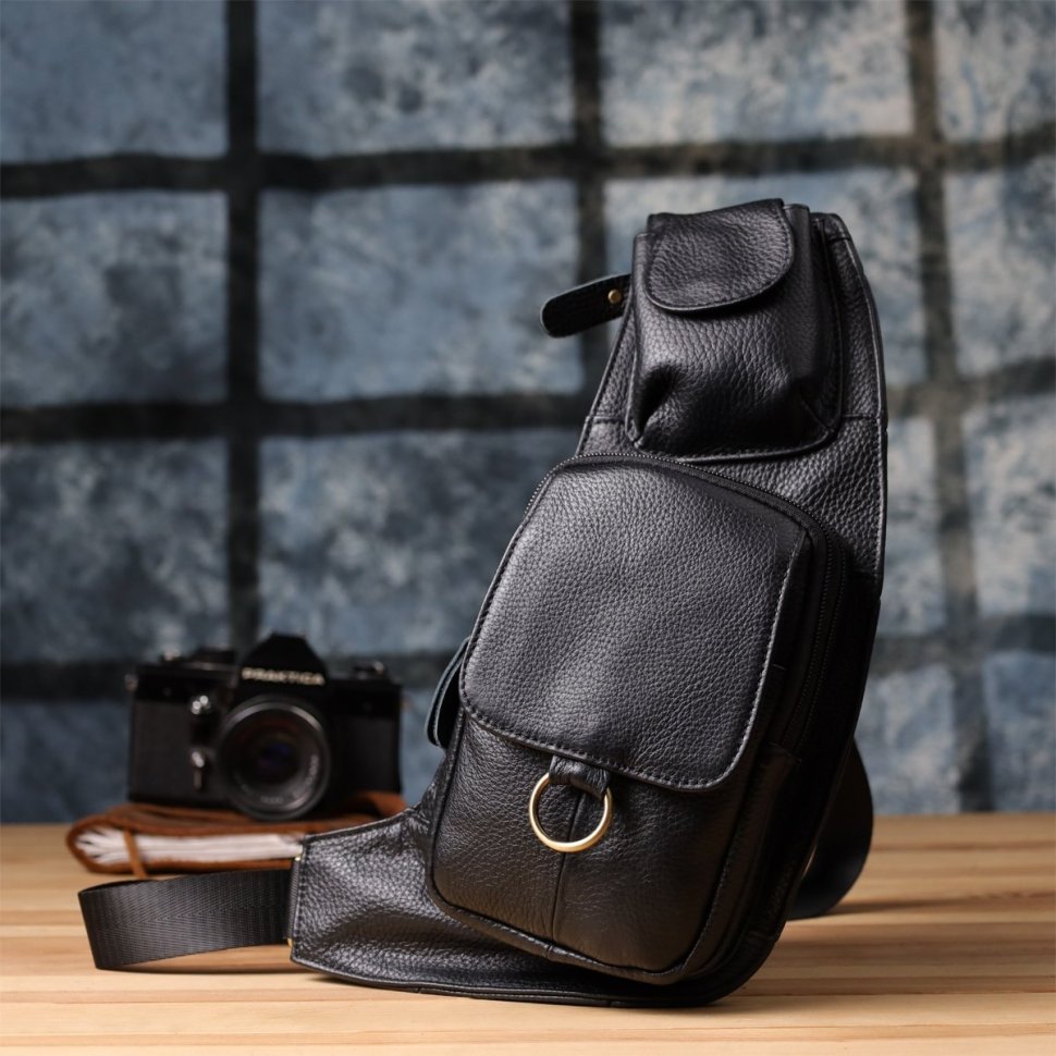 Мужская сумка-слинг из натуральной кожи с вместительными карманами Vintage 98118 черного цвета фото №9 Мужская сумка-слинг из натуральной кожи с вместительными карманами Vintage 98118 черного цвета modnotak фото №9