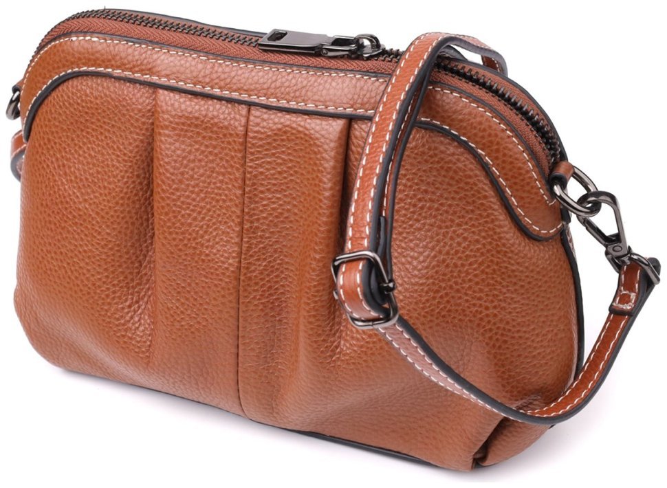 Повсякденна шкіряна жіноча сумка через плече зі стильним драпіруванням коричневого кольору Vintage 98218 modnotak фото №2