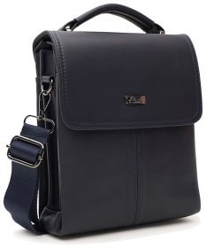 Деловая мужская барсетка из натуральной кожи синего цвета с клапаном на магните Ricco Grande 99318