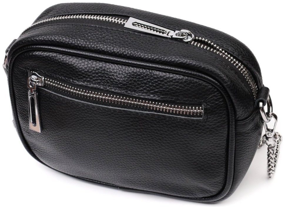 Маленькая женская сумочка на цепочке из натуральной кожи черного цвета Vintage 2422382