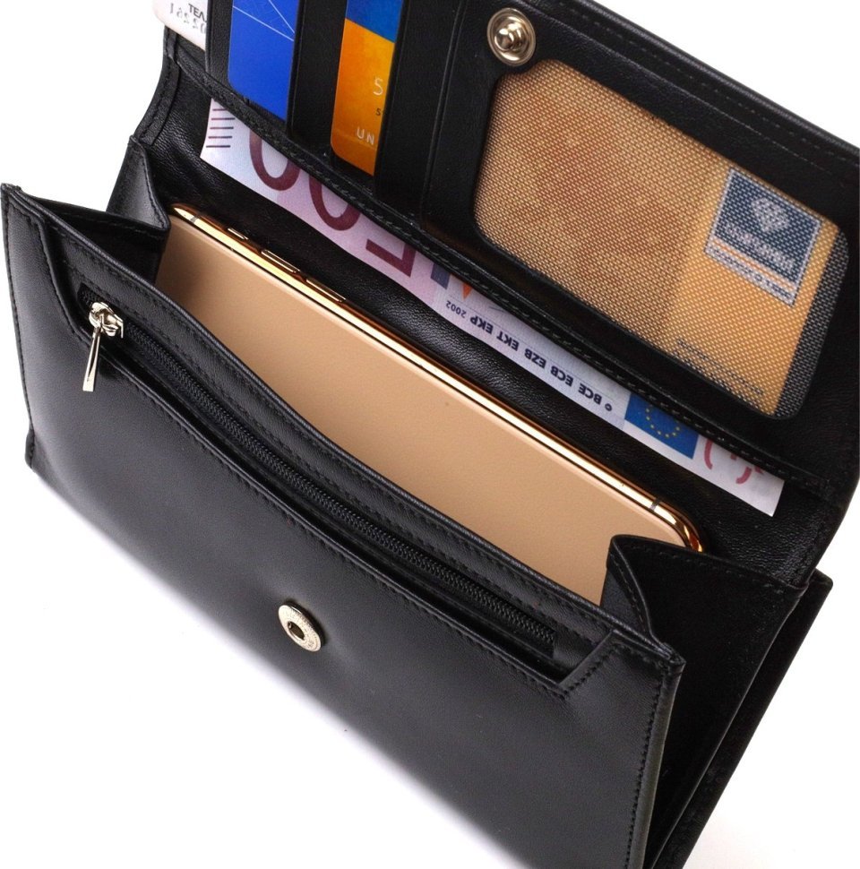 Довгий жіночий гаманець із натуральної гладкої шкіри чорного кольору CANPELLINI (2421855)