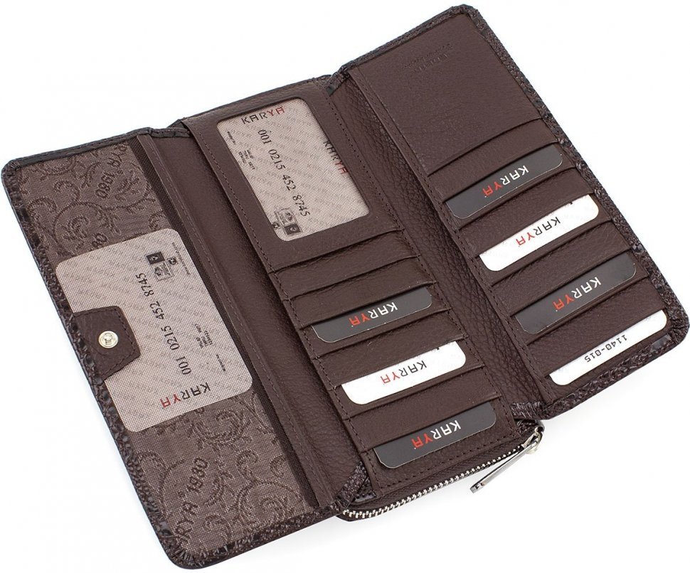 Довгий гаманець з коричневої шкіри з тисненням KARYA (1140-015)