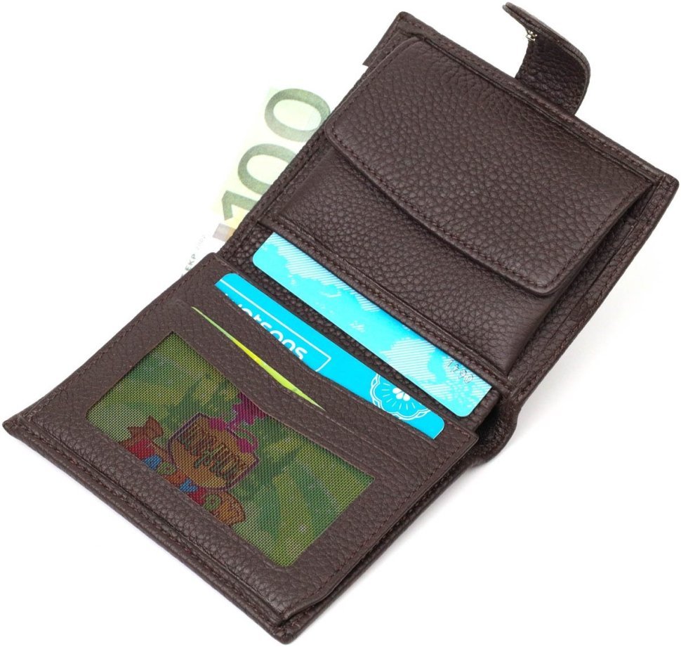 Коричневий чоловічий вертикальний гаманець із натуральної шкіри флотар на кнопці BOND (2422002)