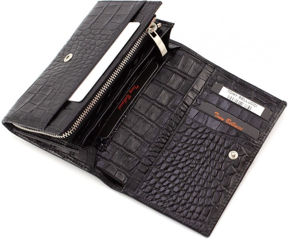 Чорний гаманець з натуральної шкіри з тисненням під крокодила Tony Bellucci (10756)