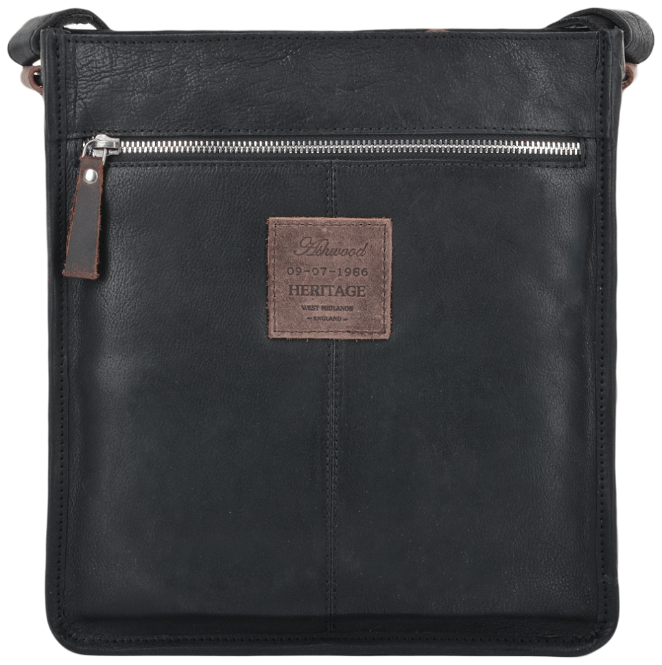 Кожаная винтажная мужская сумка планшет через плечо на молнии Ashwood черного цвета 95419 modnotak фото №3