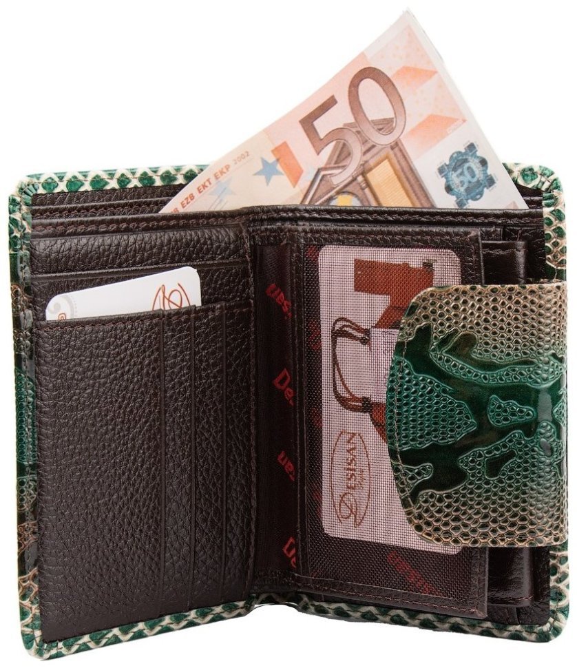 Лакированный женский кошелек из натуральной кожи с текстурой под рептилию Desisan 107319 на кнопке modnotak фото №3