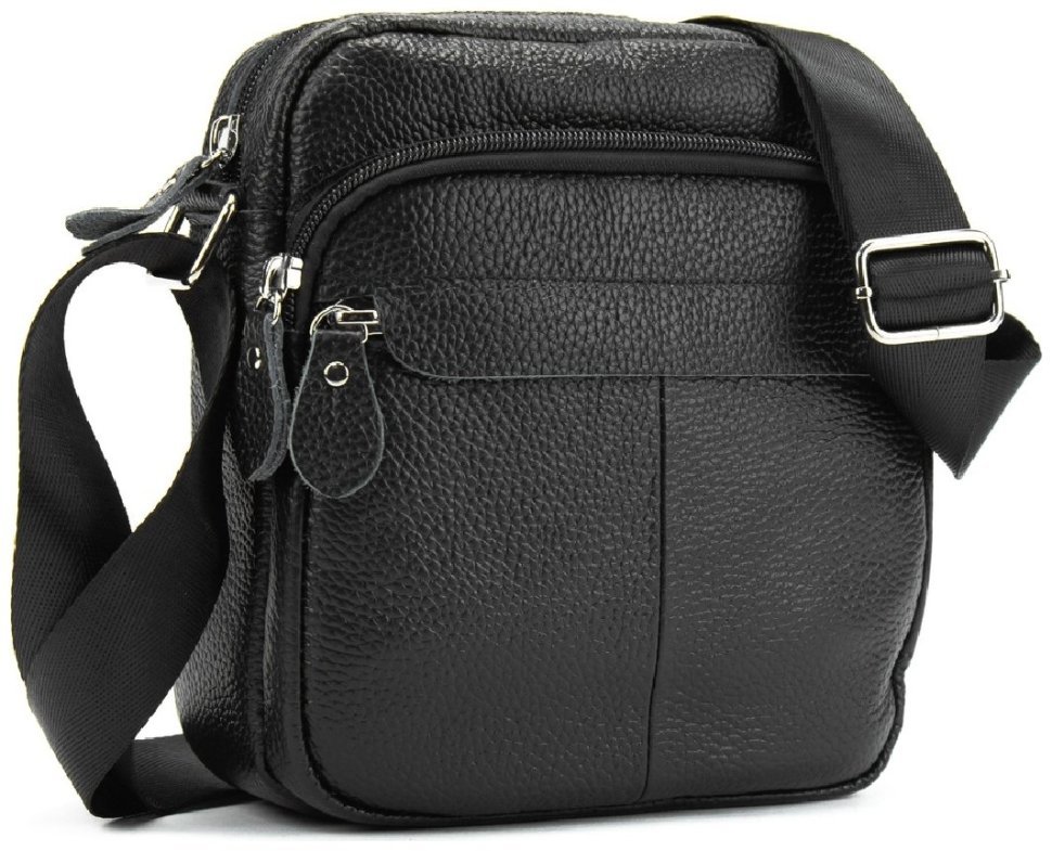 Мужская маленькая сумка на плечо из натуральной зернистой кожи черного цвета Tiding Bag 77519
