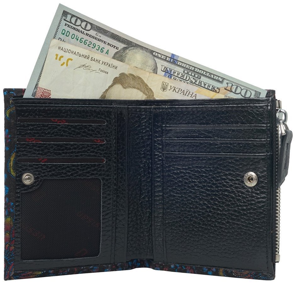 Компактный женский кошелек из кожи с узором цветов Desisan 107819 на кнопке синего цвета фото №3 Компактный женский кошелек из кожи с узором цветов Desisan 107819 на кнопке синего цвета modnotak фото №3