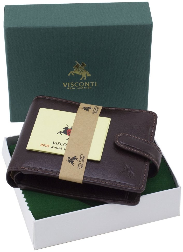 Горизонтальне чоловіче портмоне із високоякісної шкіри коричневого кольору на кнопці Visconti Filipo 69019