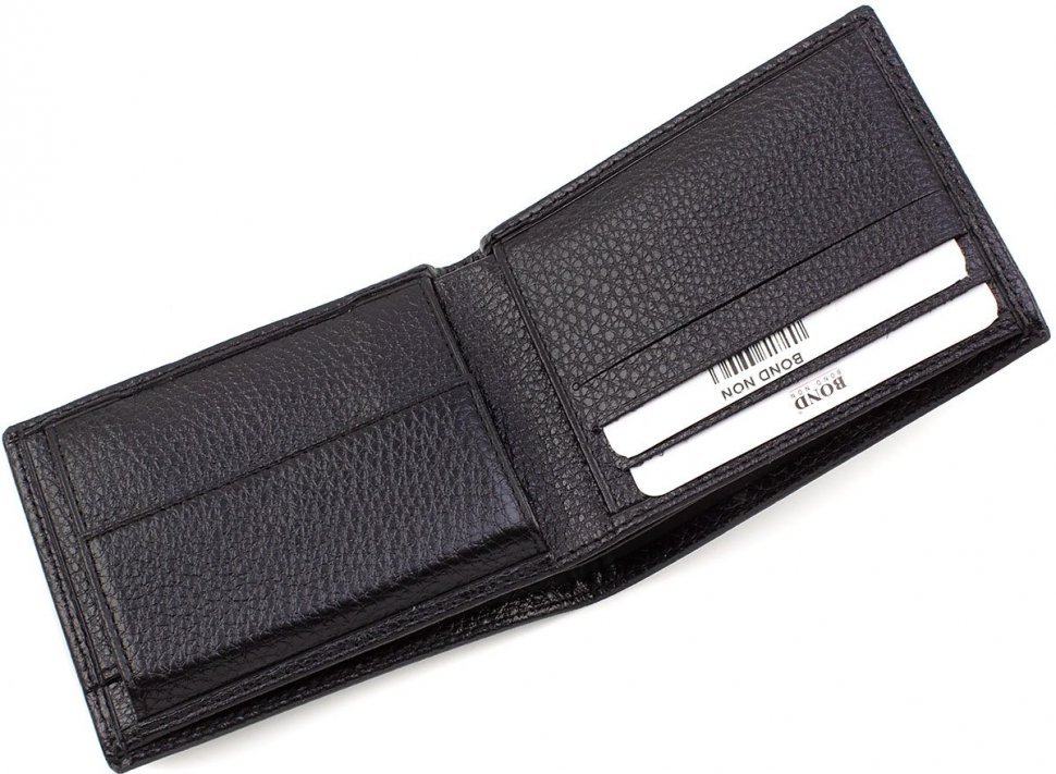 Невелике чоловіче портмоне з фактурної чорної шкіри з білою строчкою Bond Non (10892)