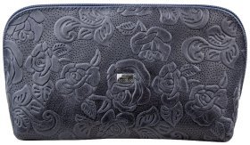 Женская косметичка синего цвета из натуральной кожи с узором в виде цветов Desisan 79819