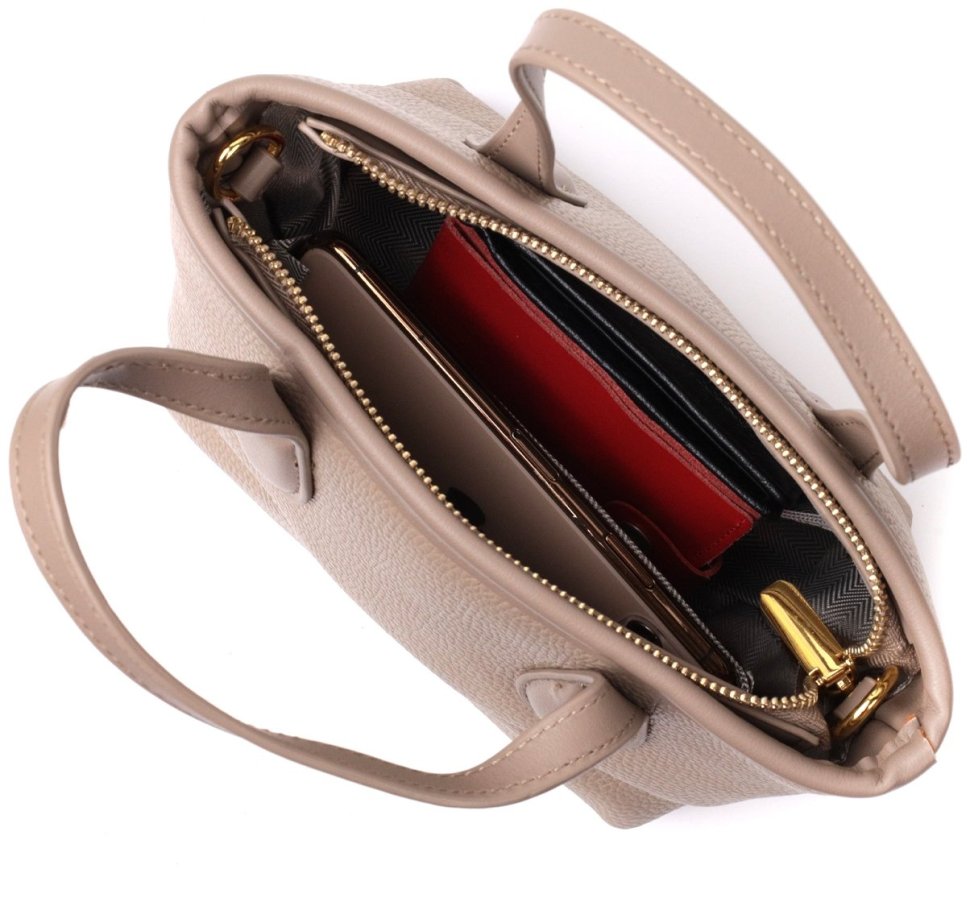 Маленька жіноча сумка з натуральної шкіри бежевого кольору з двома ручками Vintage 2422283
