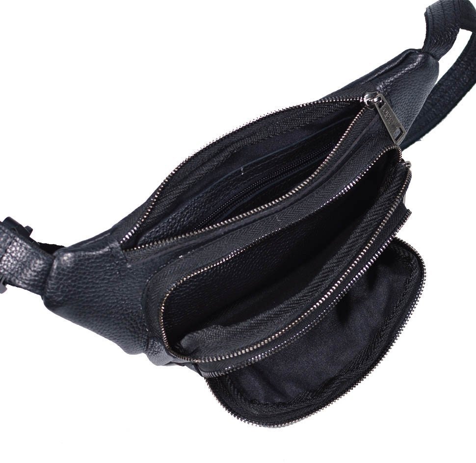 Практична сумка-бананка чорного кольору зі шкіри флотар на блискавковій застібці TARWA (19746)